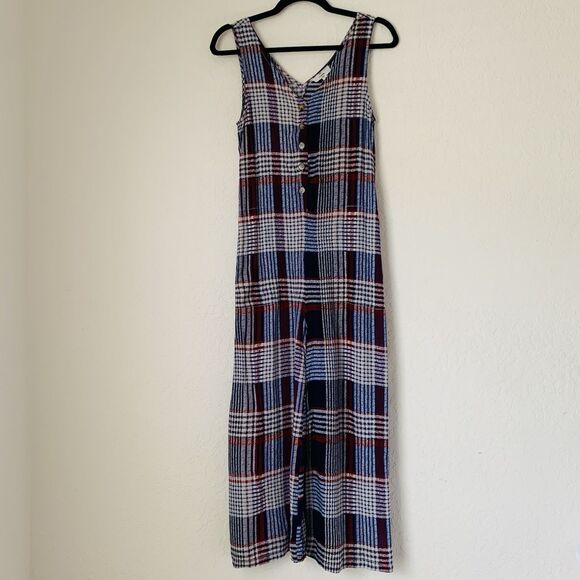 Entro Jumpsuit Romper Women S Blue Red Plaid Wide Leg Cropped USA July 4th Boho - Picture 1 of 11